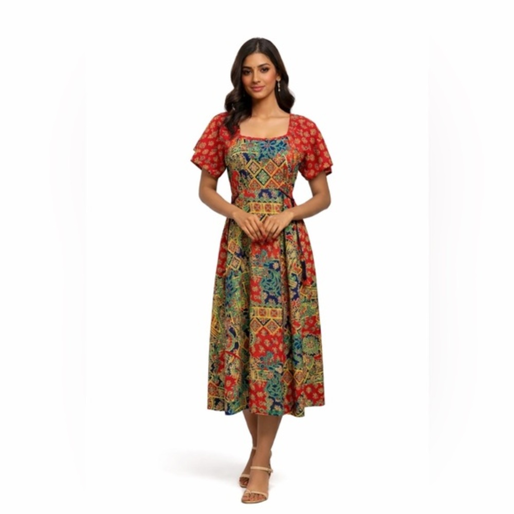The House of Nu-Mode Vibrant Colourful Vintage Dress with ties beaded ends